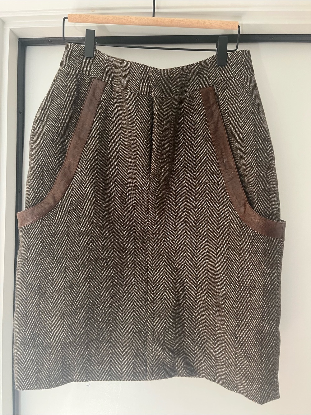 Marni Cashmere-blend Brown Tweed Pencil Skirt with Leather Detailing